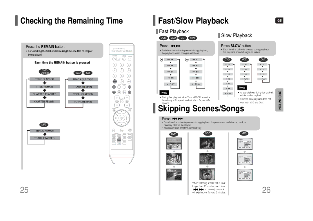 Samsung HT-Q9 instruction manual Fast/Slow Playback, Skipping Scenes/Songs, Checking the Remaining Time 