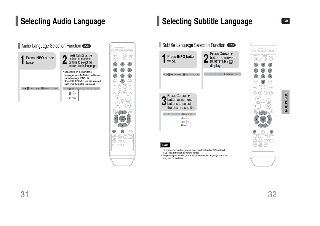 Samsung HT-Q9 instruction manual Selecting Audio Language Selecting Subtitle Language, Press Info button twice 