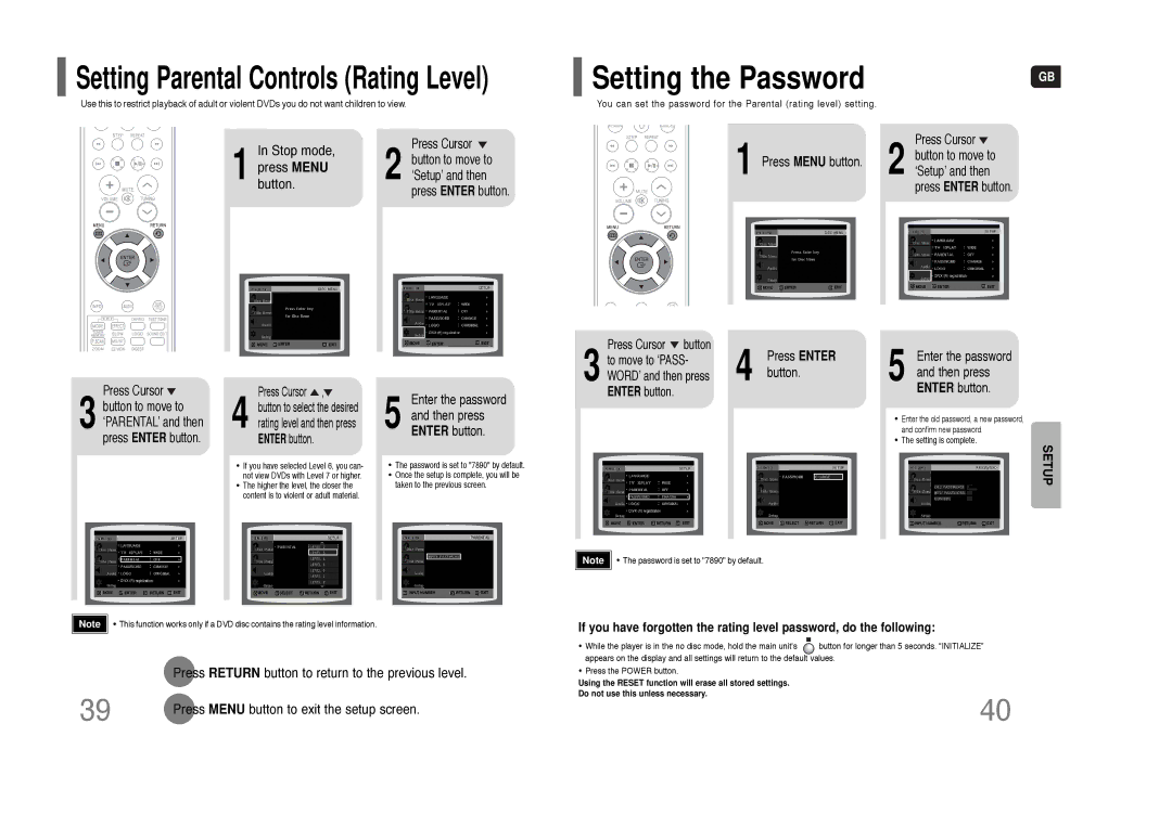 Samsung HT-Q9 instruction manual Setting the Password, Setting Parental Controls Rating Level 