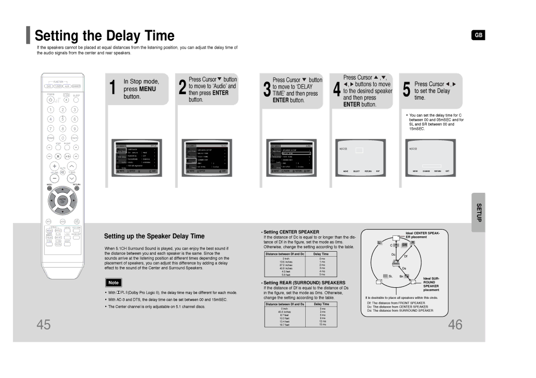 Samsung HT-Q9 instruction manual Setting the Delay Time, Setting Center Speaker, Setting Rear Surround Speakers 