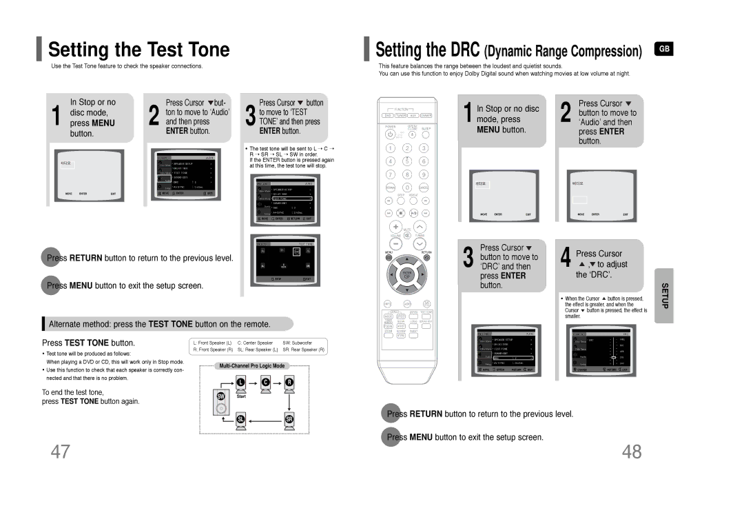 Samsung HT-Q9 Setting the Test Tone, Stop or no Disc mode, press Menu button, Press Cursor , to adjust ‘DRC’ 