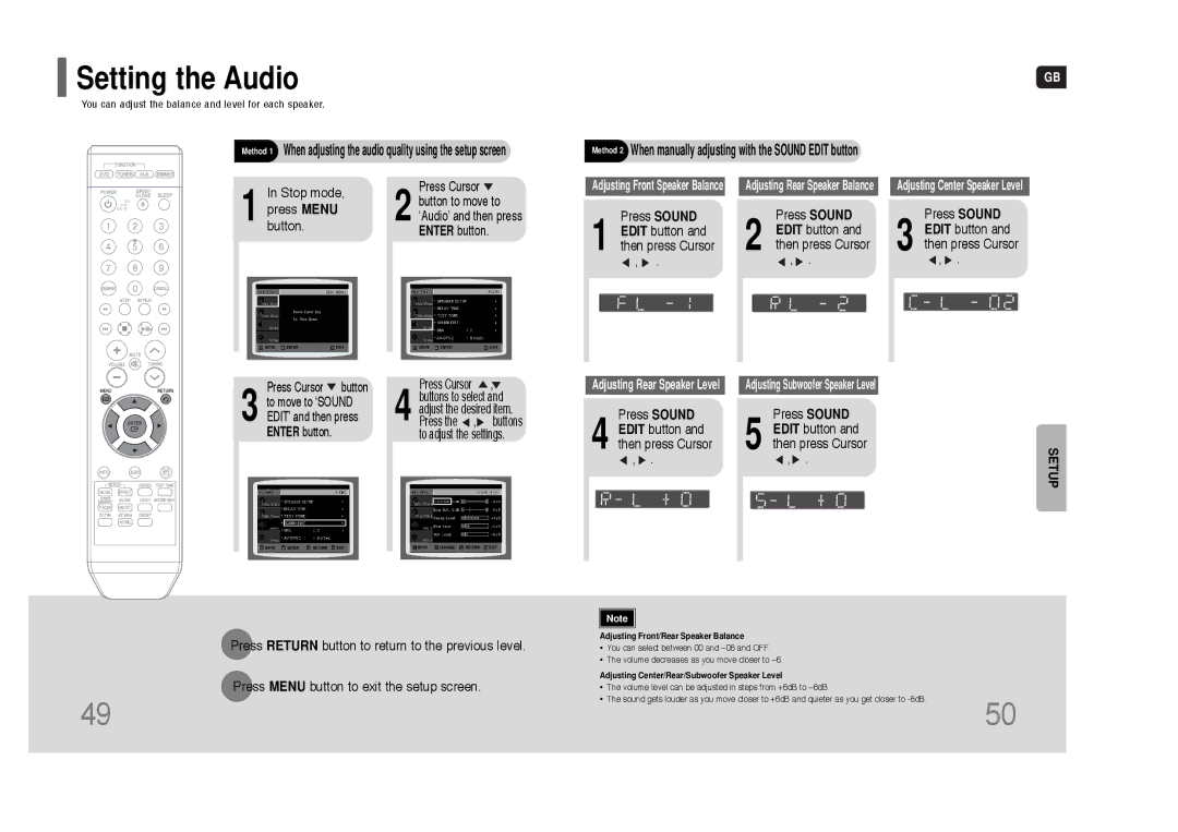 Samsung HT-Q9 instruction manual Setting the Audio, Method 2 When manually adjusting with the Sound Edit button 