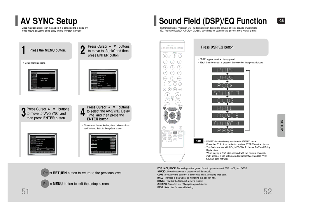 Samsung HT-Q9 instruction manual AV Sync Setup, Sound Field DSP/EQ Function, Press DSP/EQ button 