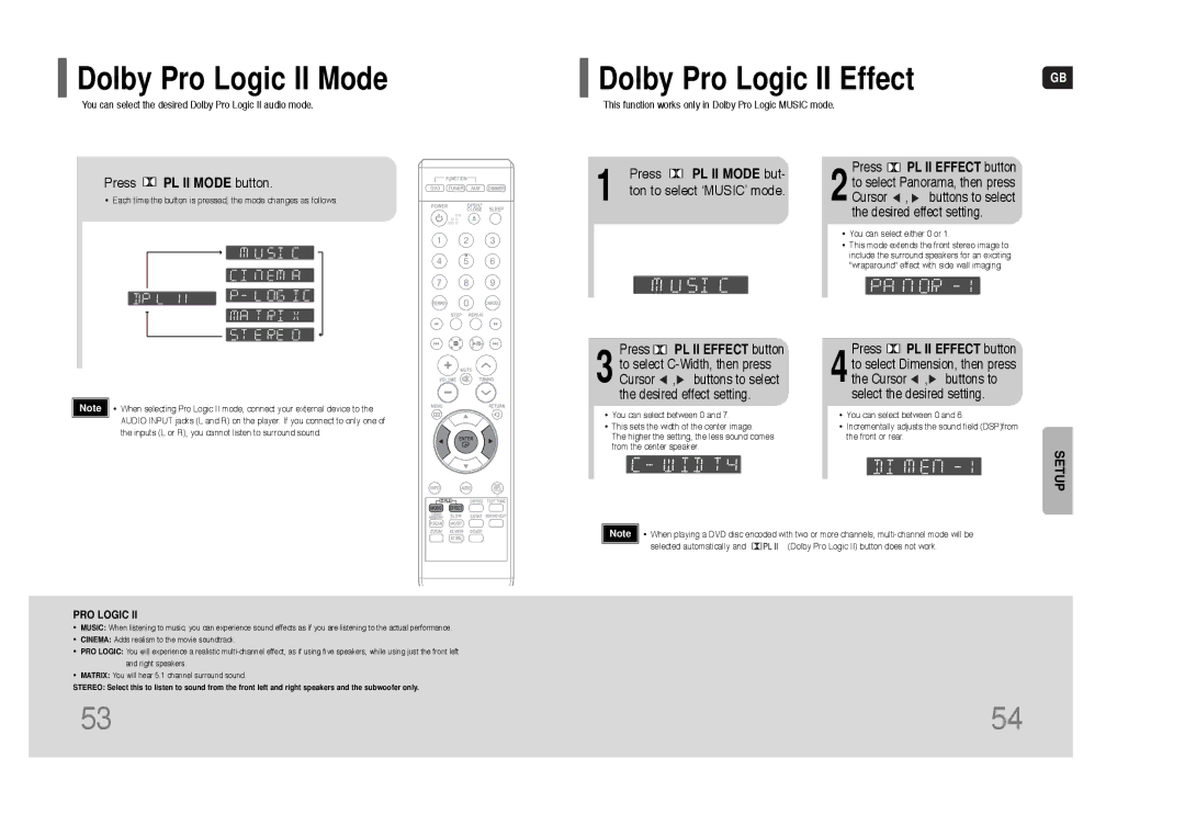 Samsung HT-Q9 Dolby Pro Logic II Mode, Dolby Pro Logic II Effect, Press PL II Mode button, Ton to select ‘MUSIC’ mode 