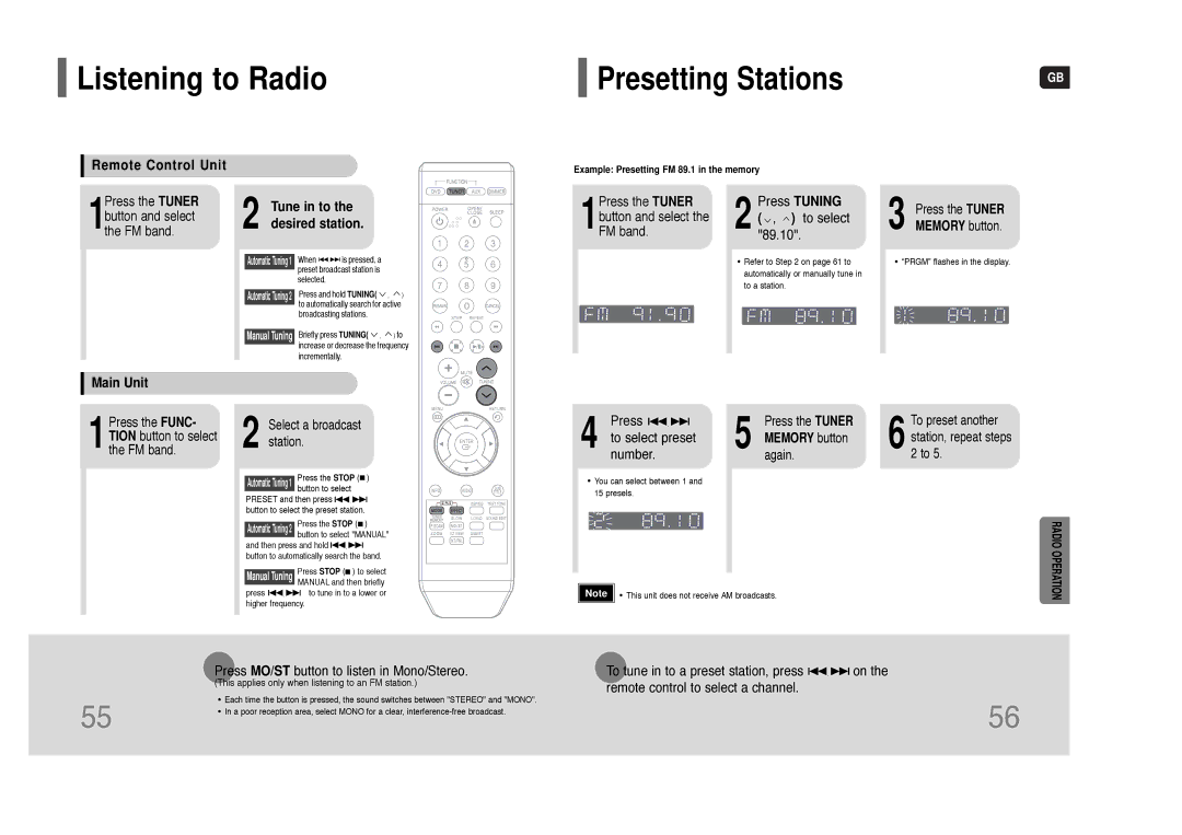 Samsung HT-Q9 Listening to Radio, Presetting Stations, Remote Control Unit, Main Unit Tune in to the desired station 