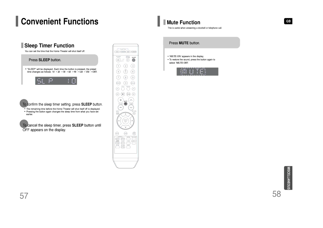 Samsung HT-Q9 instruction manual Convenient Functions, Press Sleep button, Press Mute button 