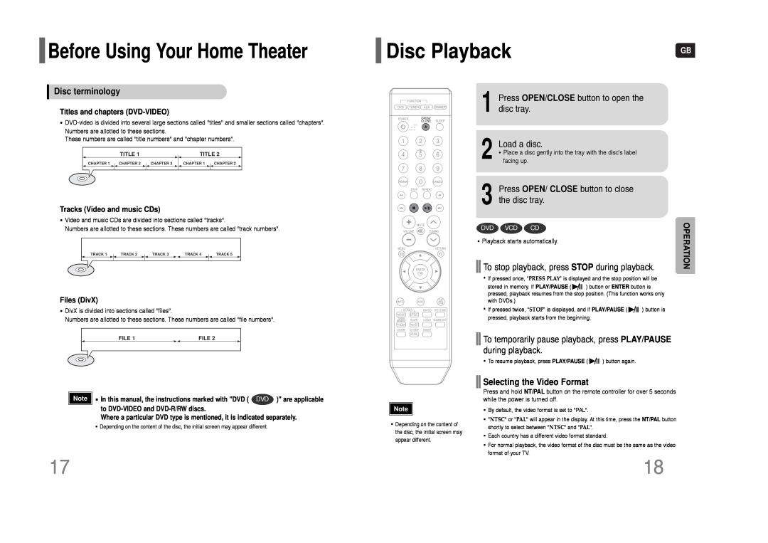 Samsung HT-Q9 Disc Playback, Before Using Your Home Theater, Disc terminology, Selecting the Video Format, Files DivX 