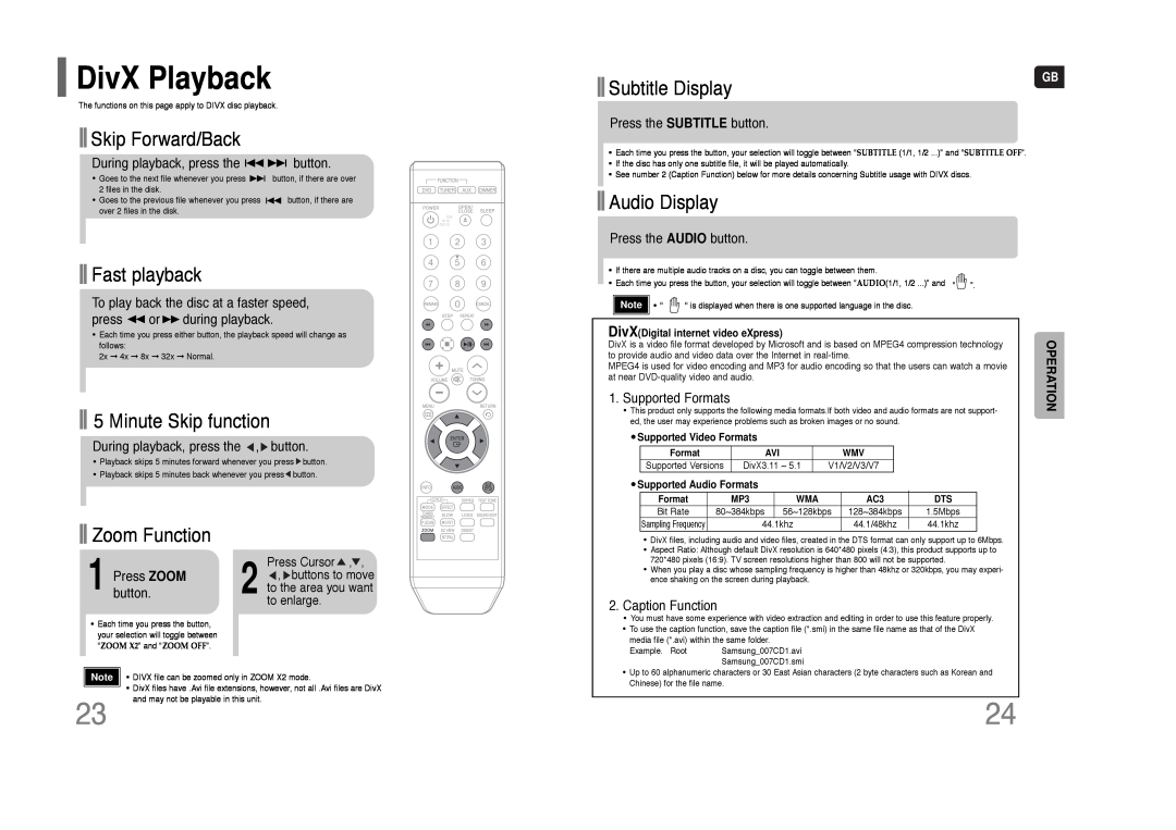 Samsung HT-Q9 DivX Playback, Skip Forward/Back, Fast playback, Minute Skip function, Subtitle Display, Audio Display 