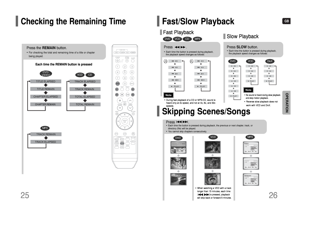 Samsung HT-Q9 Fast/Slow Playback, Skipping Scenes/Songs, Checking the Remaining Time, Fast Playback, Press, DVD VCD CD MP3 