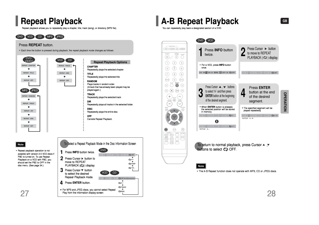 Samsung HT-Q9 A-B Repeat Playback, Press REPEAT button, Press INFO button, twice, buttons to select OFF, Operation 