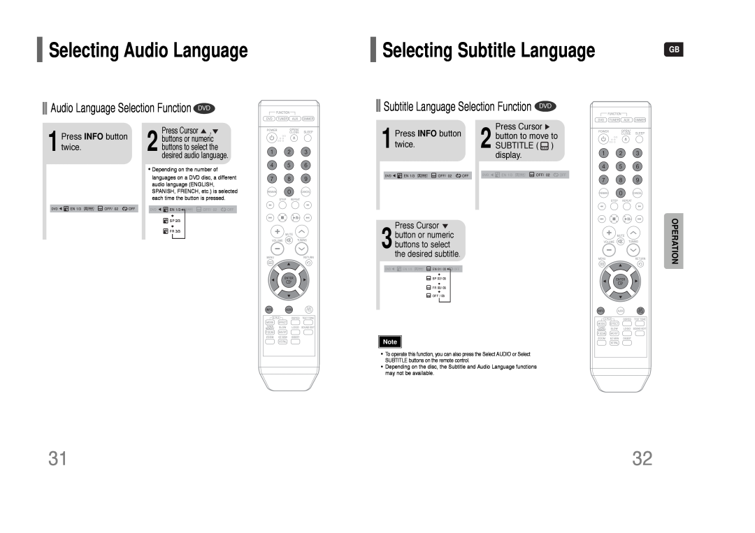 Samsung HT-Q9 Selecting Audio Language, Selecting Subtitle Language, Audio Language Selection Function DVD, Operation 