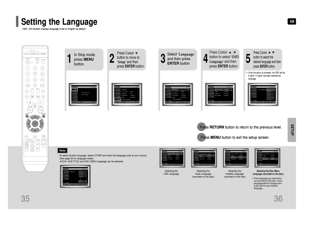 Samsung HT-Q9 Setting the Language, Stop mode, Select ‘ Language’, press MENU, and then press, ENTER button, Setup 