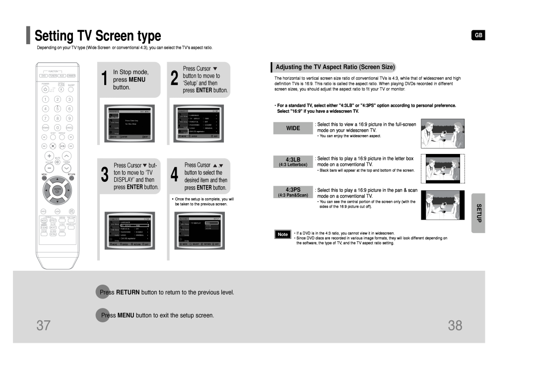 Samsung HT-Q9 Setting TV Screen type, Adjusting the TV Aspect Ratio Screen Size, WIDE 43LB, 43PS, In Stop mode, press MENU 