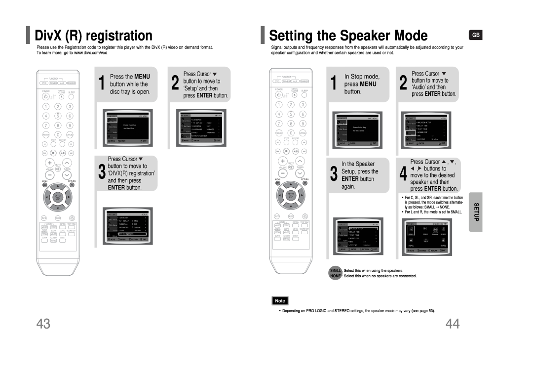 Samsung HT-Q9 Setting the Speaker Mode, DivX R registration, In Stop mode 1 press MENU button, Press Cursor, Setup 