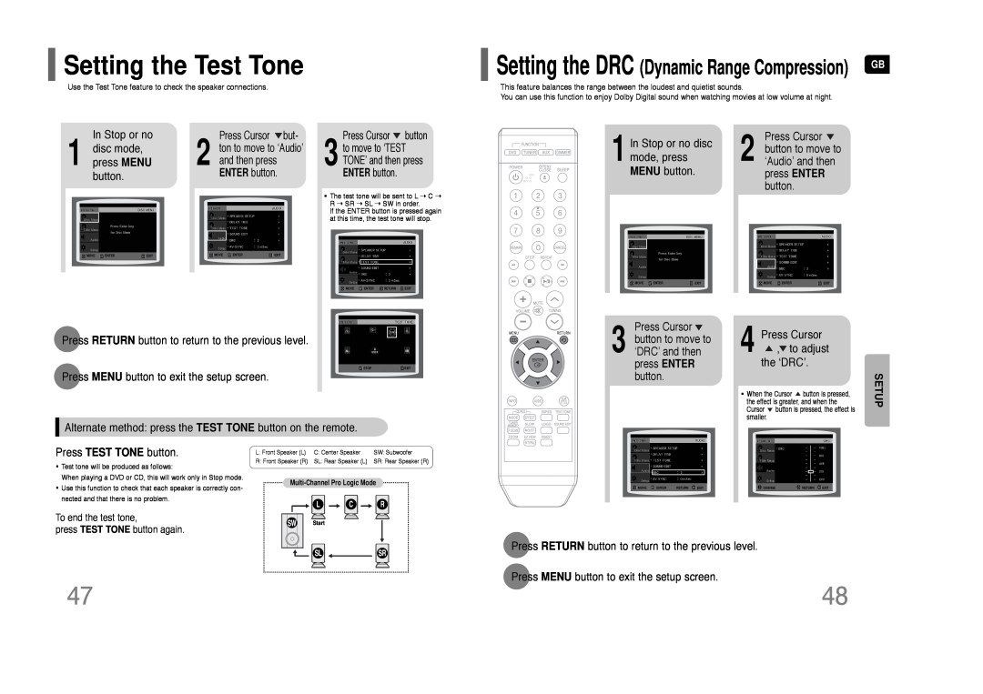 Samsung HT-Q9 Setting the Test Tone, In Stop or no 1 disc mode, press MENU button, Press Cursor , to adjust the ‘DRC’ 
