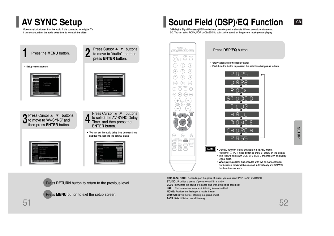 Samsung HT-Q9 AV SYNC Setup, Sound Field DSP/EQ Function, press ENTER button, Press DSP/EQ button, Press Cursor , buttons 
