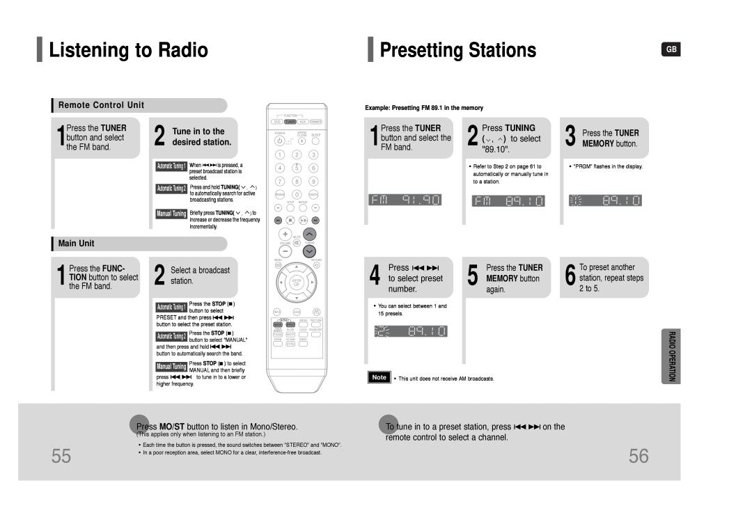 Samsung HT-Q9 Listening to Radio, Presetting Stations, Remote Control Unit, Main Unit, Tune in to the desired station 