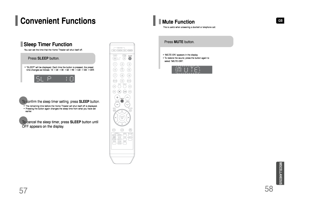 Samsung HT-Q9 Convenient Functions, Sleep Timer Function, Mute Function, Press SLEEP button, Press MUTE button 