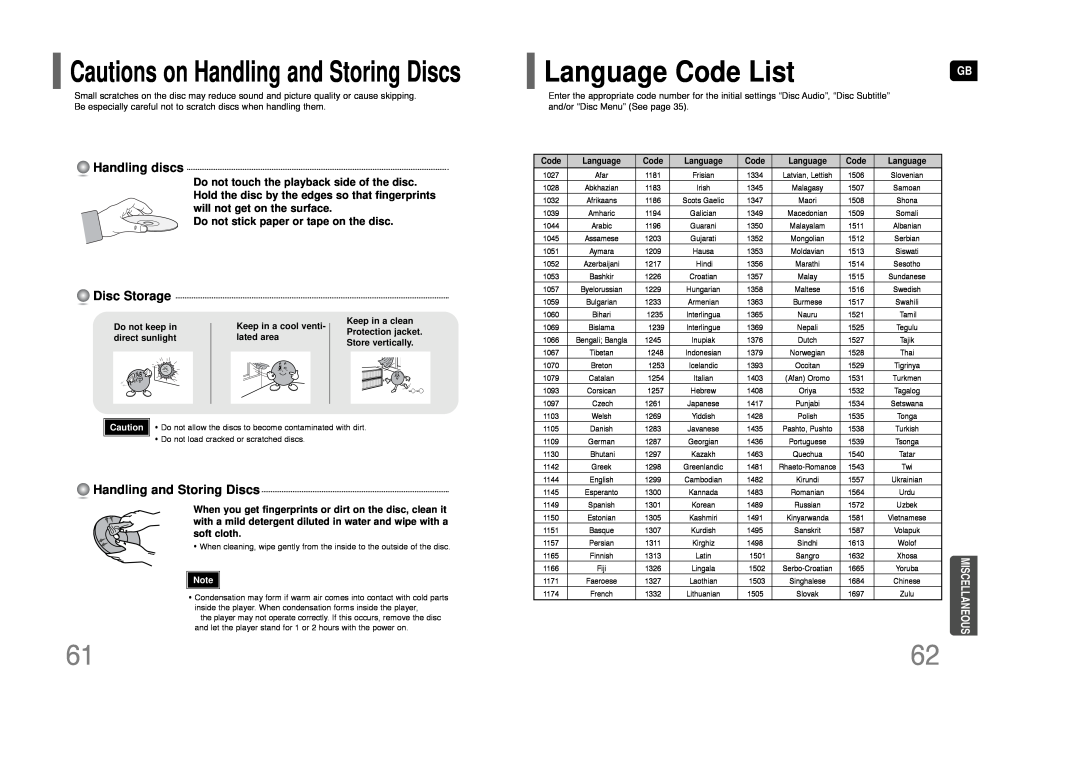 Samsung HT-Q9 Language Code List, Do not stick paper or tape on the disc, Cautions on Handling and Storing Discs 