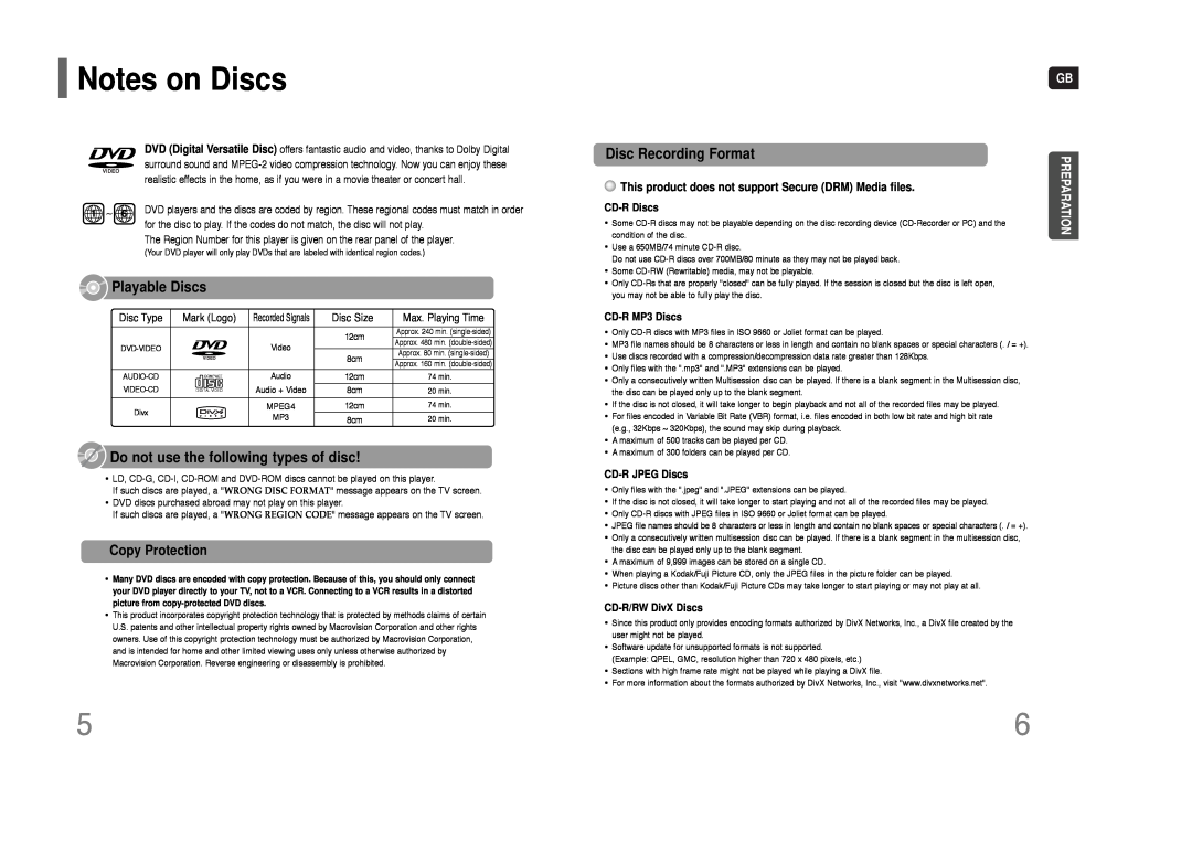 Samsung HT-Q9 Notes on Discs, Playable Discs, Do not use the following types of disc, Disc Recording Format, 1 ~ 