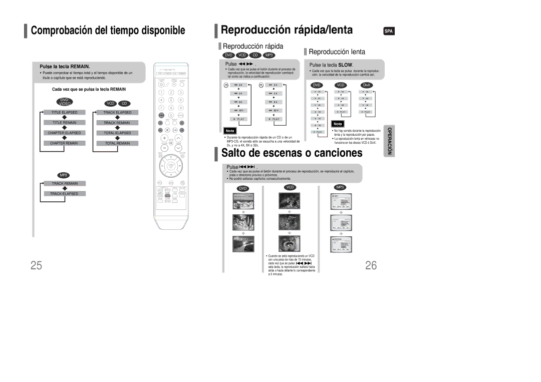 Samsung HT-Q9R/ELS Reproducción rápida/lenta, Pulse la tecla Remain, La tecla Slow, Cada vez que se pulsa la tecla Remain 