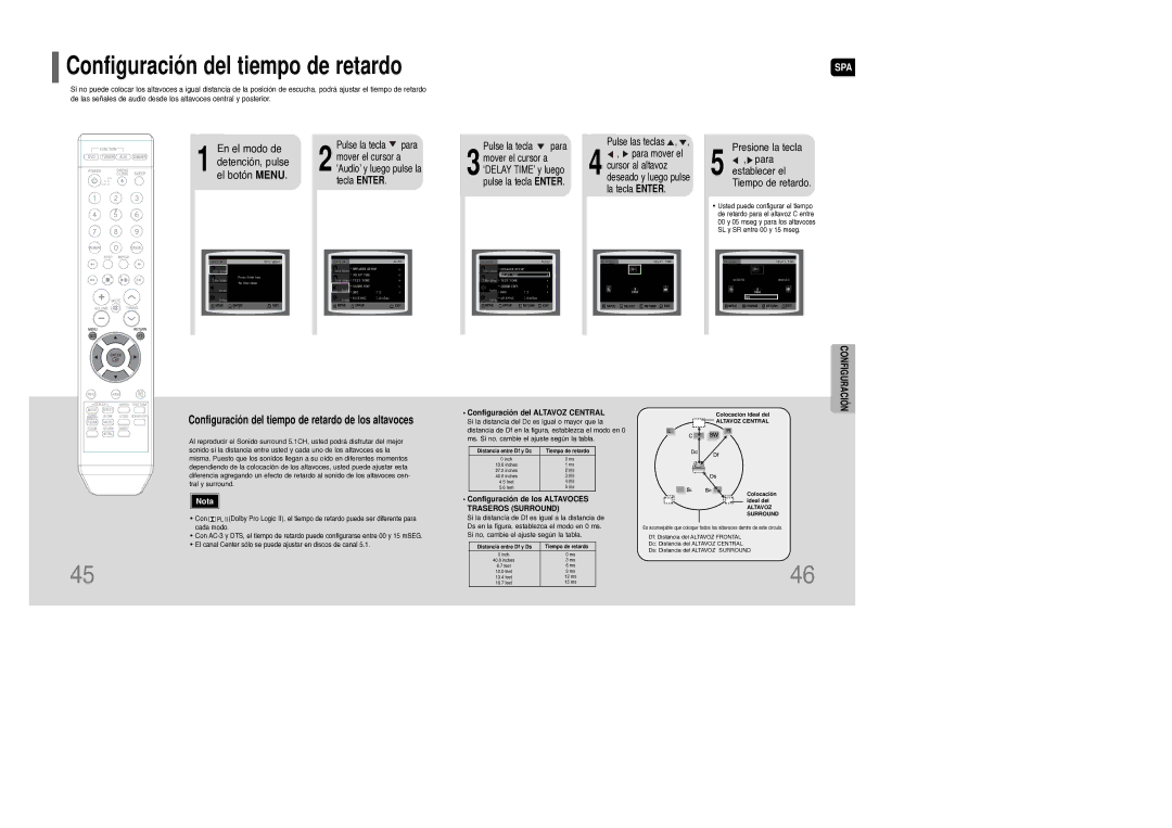 Samsung HT-Q9R/ELS, HT-Q9T/XSG Presione la tecla Para establecer el Tiempo de retardo, Configuración del Altavoz Central 