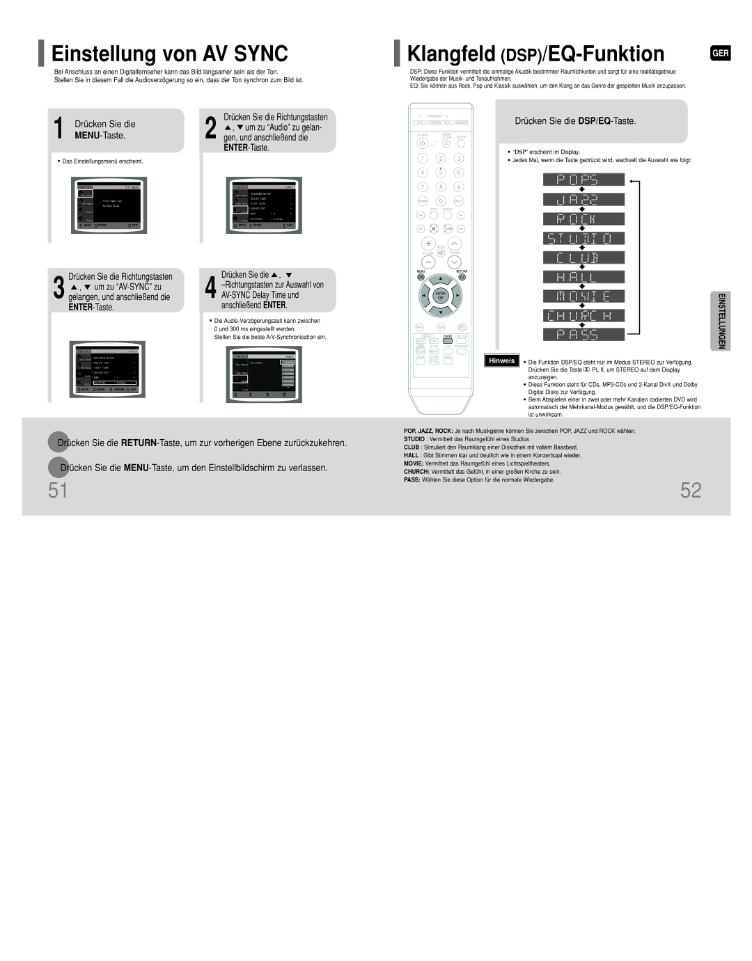 Samsung HT-Q9R/ELS manual Einstellung von AV Sync, Klangfeld DSP/EQ-Funktion, Drücken Sie die DSP/EQ-Taste 