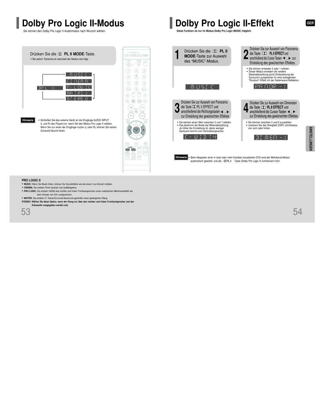 Samsung HT-Q9R/ELS manual Dolby Pro Logic II-Modus, Dolby Pro Logic II-Effekt, Drücken Sie die PL II MODE-Taste 