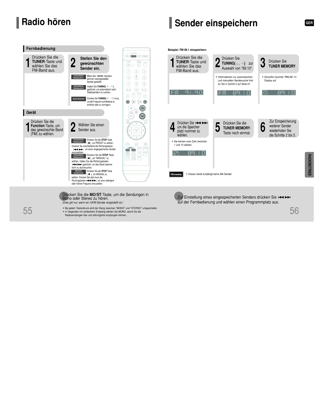 Samsung HT-Q9R/ELS manual Radio hören, Fernbedienung, Drücken Sie die TUNER-Taste und wählen Sie das FM-Band aus, Gerät 