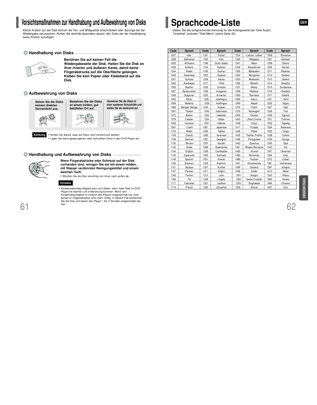 Samsung HT-Q9R/ELS Sprachcode-ListeGER, Setzen Sie die Disks Bewahren Sie die Disks, Keinem direkten An einem kühlen, gut 