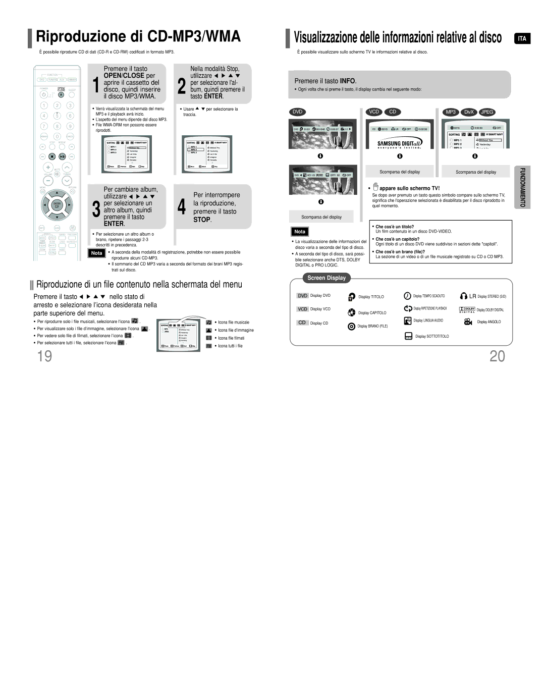 Samsung HT-Q9R/ELS manual Riproduzione di CD-MP3/WMA, OPEN/CLOSE per 