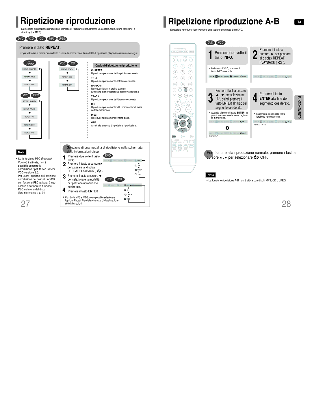 Samsung HT-Q9R/ELS manual Ripetizione riproduzione A-B, Premere il tasto Repeat, Premere due volte il tasto Info 