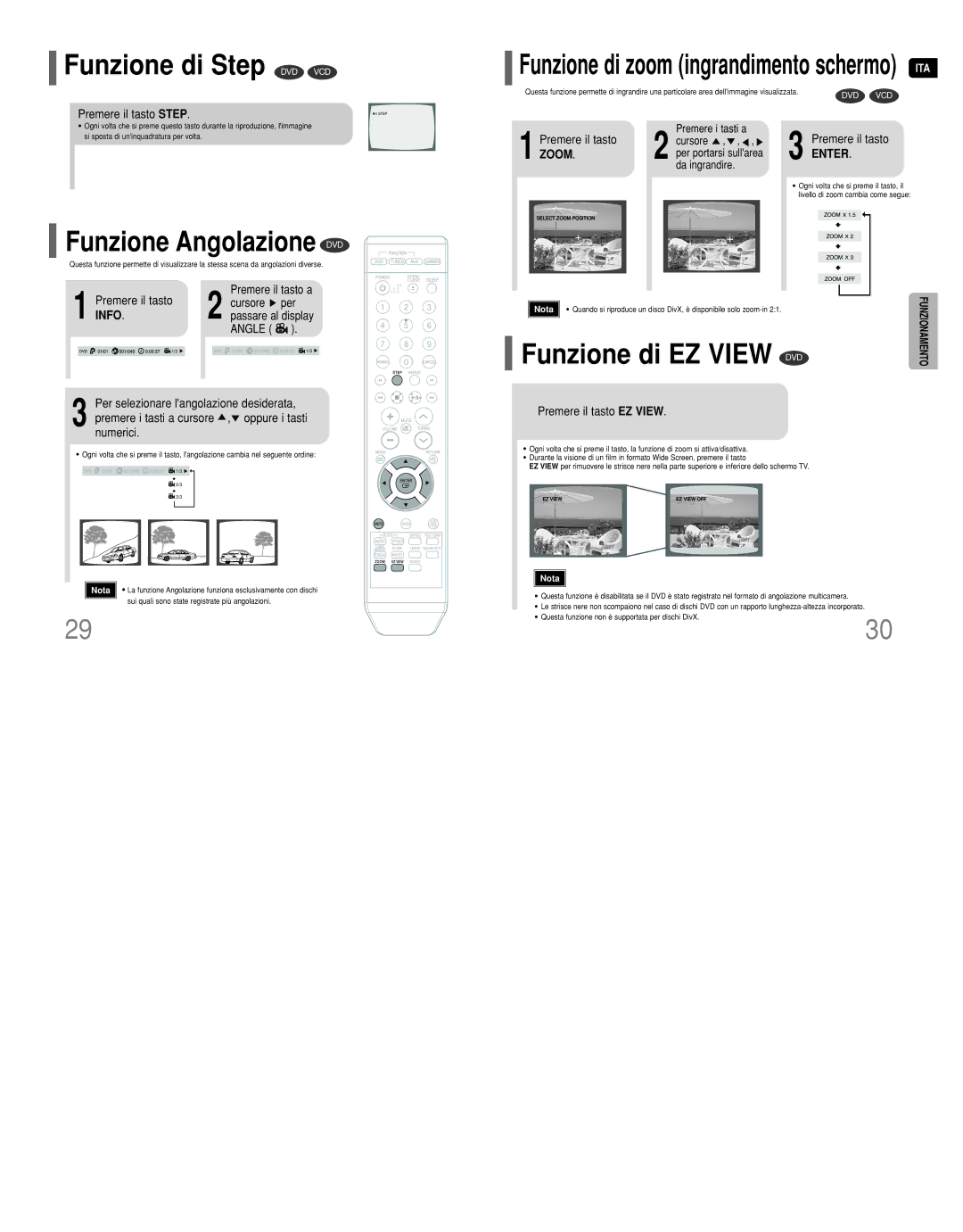 Samsung HT-Q9R/ELS manual Funzione di Step DVD VCD, Funzione di EZ View DVD, Funzione Angolazione DVD, Info 