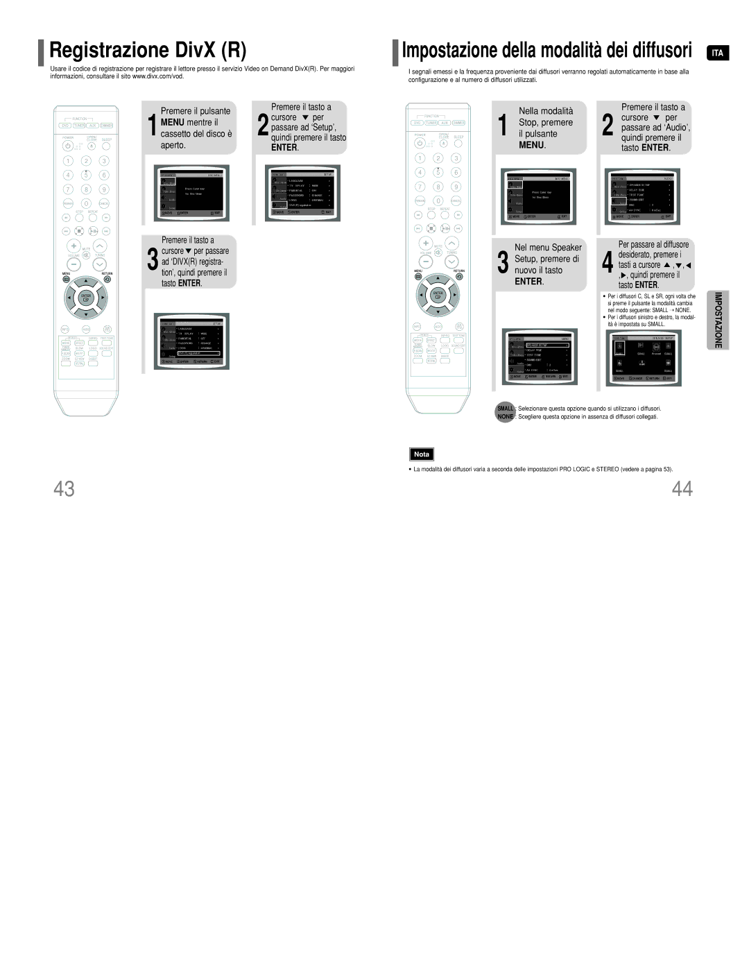 Samsung HT-Q9R/ELS manual Registrazione DivX R, Impostazione della modalità dei diffusori ITA 