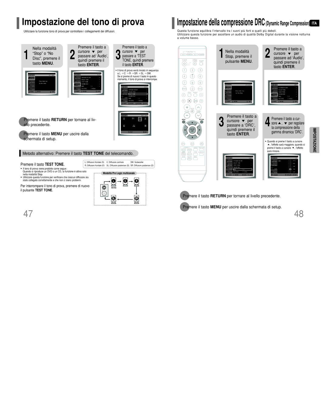 Samsung HT-Q9R/ELS manual Impostazione del tono di prova, Nella modalità Stop o No Disc, premere il tasto Menu 