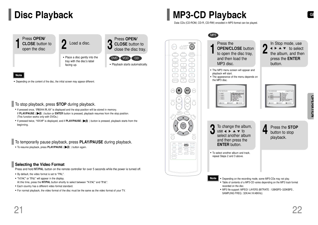 Samsung HT-RP16R/XFO manual Disc Playback, MP3-CD Playback, Selecting the Video Format 