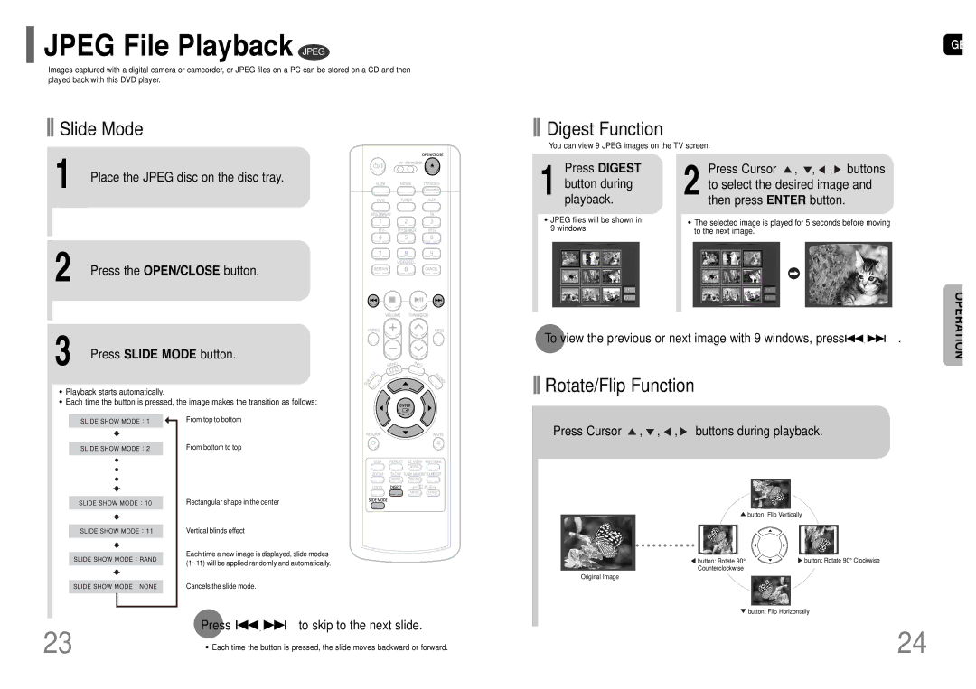 Samsung HT-RP16R/XFO manual Jpeg File Playback Jpeg, Press Slide Mode button, Press To skip to the next slide 