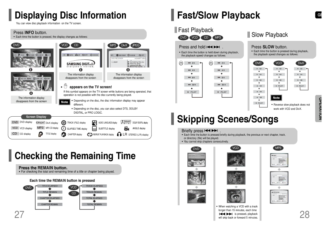 Samsung HT-RP16R/XFO Fast/Slow Playback, Skipping Scenes/Songs, Displaying Disc Information, Checking the Remaining Time 