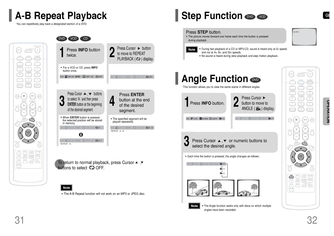 Samsung HT-RP16R/XFO manual Step Function DVD VCD, Angle Function DVD, Press Step button, Press Info button twice 