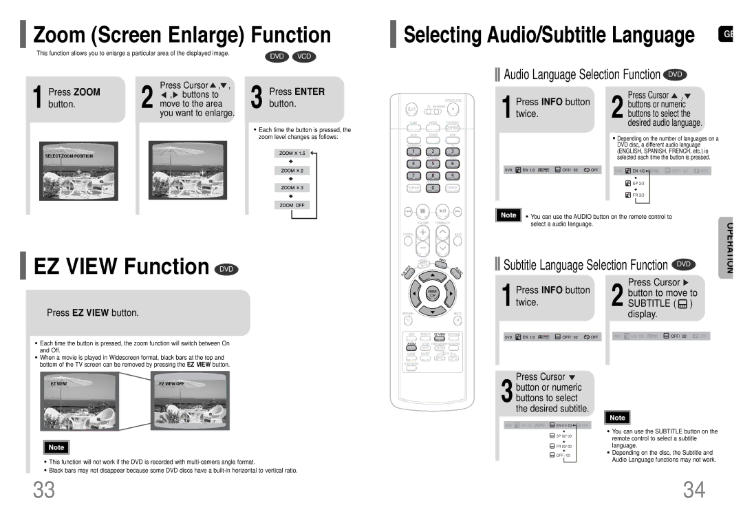 Samsung HT-RP16R/XFO manual EZ View Function DVD, Zoom Screen Enlarge Function 