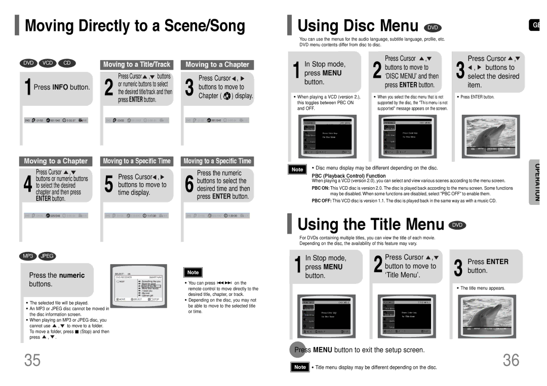 Samsung HT-RP16R/XFO manual Using the Title Menu DVD, Moving Directly to a Scene/Song 