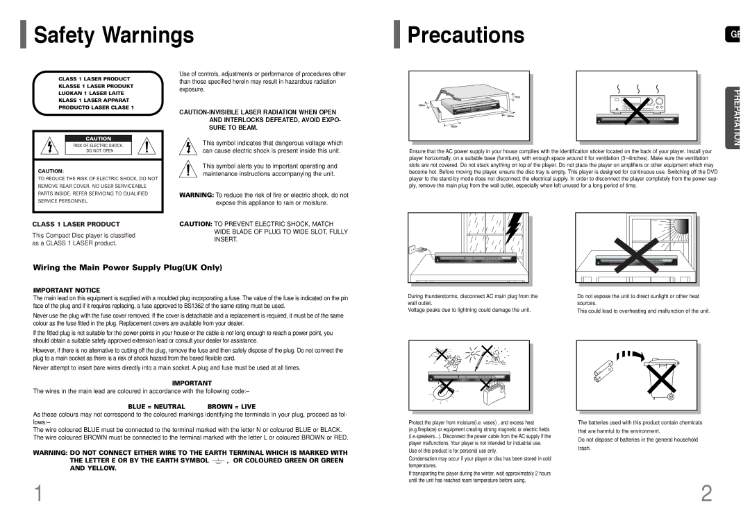 Samsung HT-RP16R/XFO manual Safety Warnings PrecautionsGB, Class 1 Laser Product 