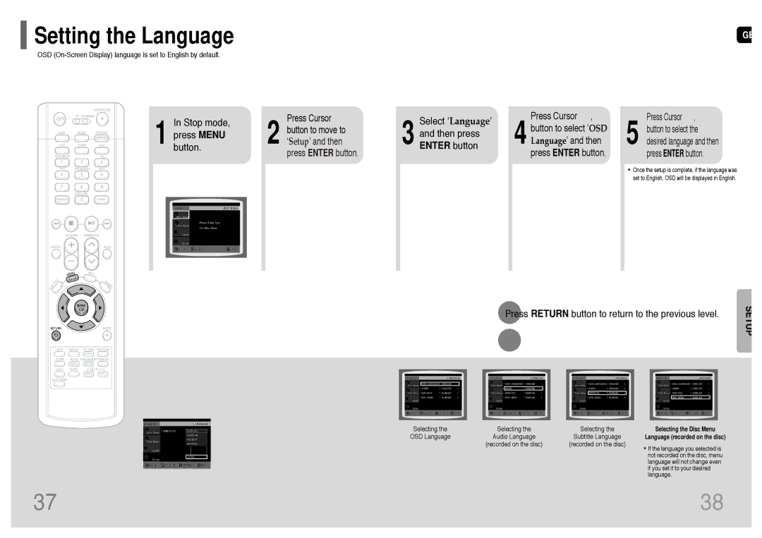 Samsung HT-RP16R/XFO manual Setting the Language, Stop mode Press Menu button, Select ‘Language’ Then press Enter button 