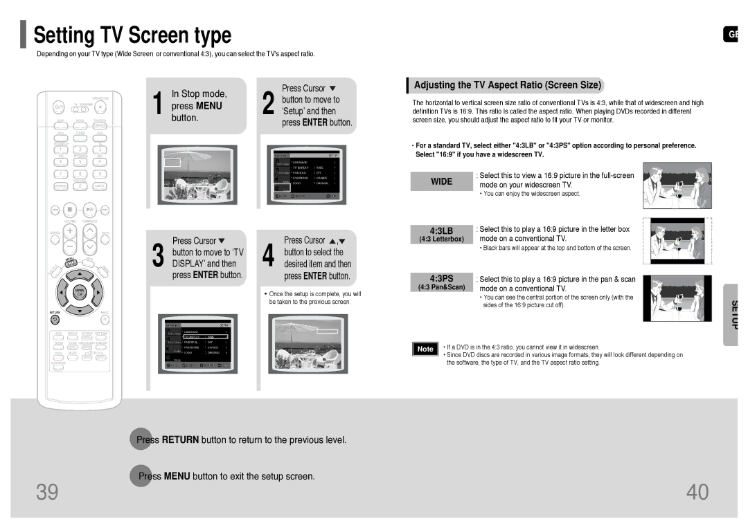 Samsung HT-RP16R/XFO manual Stop mode, Button, Adjusting the TV Aspect Ratio Screen Size, 43LB, 43PS 