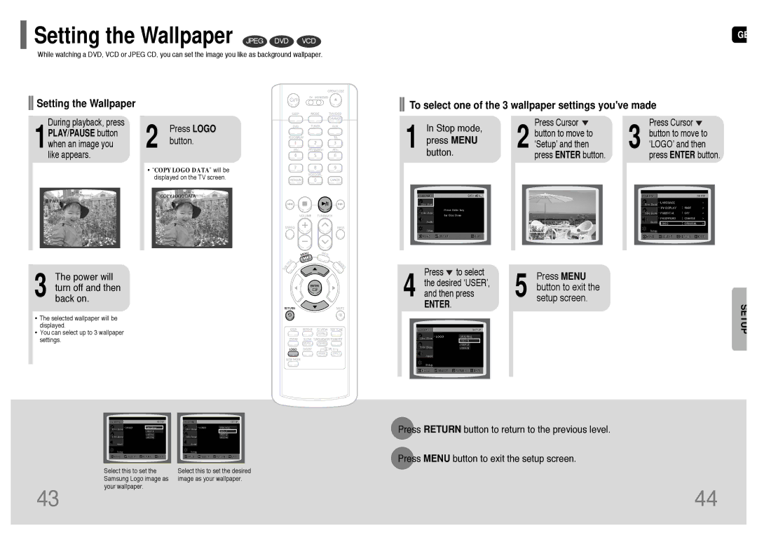 Samsung HT-RP16R/XFO manual Setting the Wallpaper Jpeg DVD VCD, Power will turn off and then back on, Button 