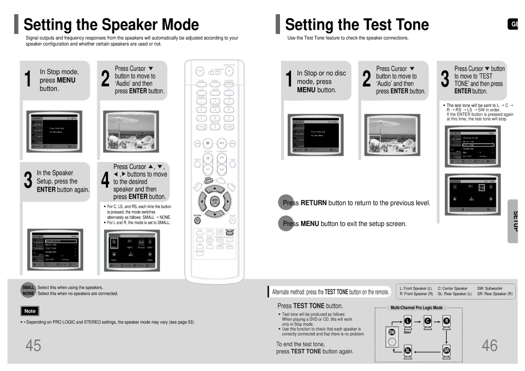 Samsung HT-RP16R/XFO manual Setting the Speaker Mode, Stop or no disc, Mode, press, Menu button 