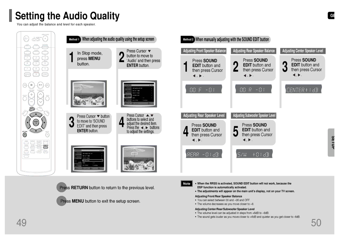 Samsung HT-RP16R/XFO manual Setting the Audio Quality, Press Sound Edit button and then press Cursor 