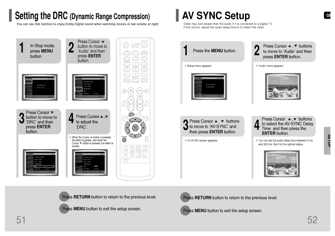 Samsung HT-RP16R/XFO manual AV Sync Setup, Setting the DRC Dynamic Range Compression 