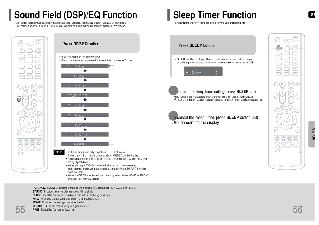 Samsung HT-RP16R/XFO manual Sound Field DSP/EQ Function, Press DSP/EQ button, Press Sleep button 