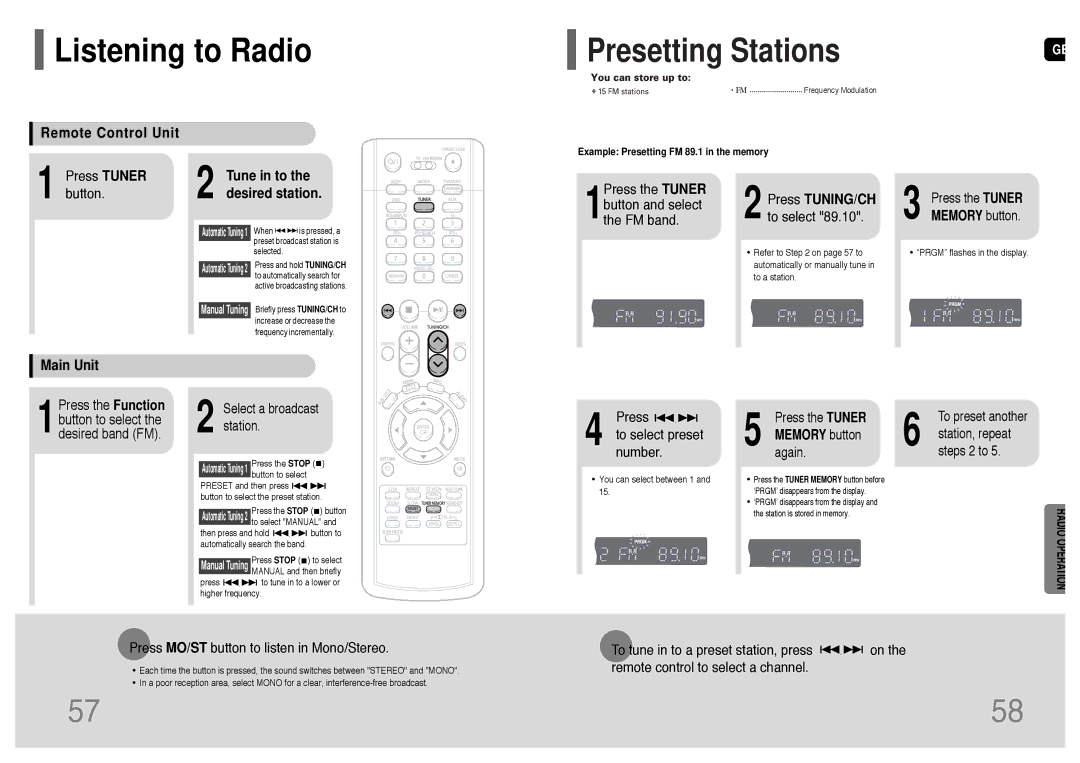 Samsung HT-RP16R/XFO Listening to Radio, Remote Control Unit, Tune in to the desired station, Press TUNING/CH, Main Unit 